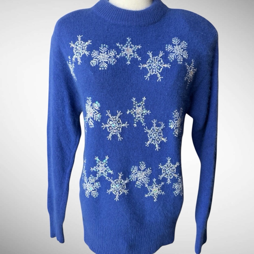 IB Diffusion Angora Christmas Snowflake Sequin Sweater Blue M 1980s Vintage